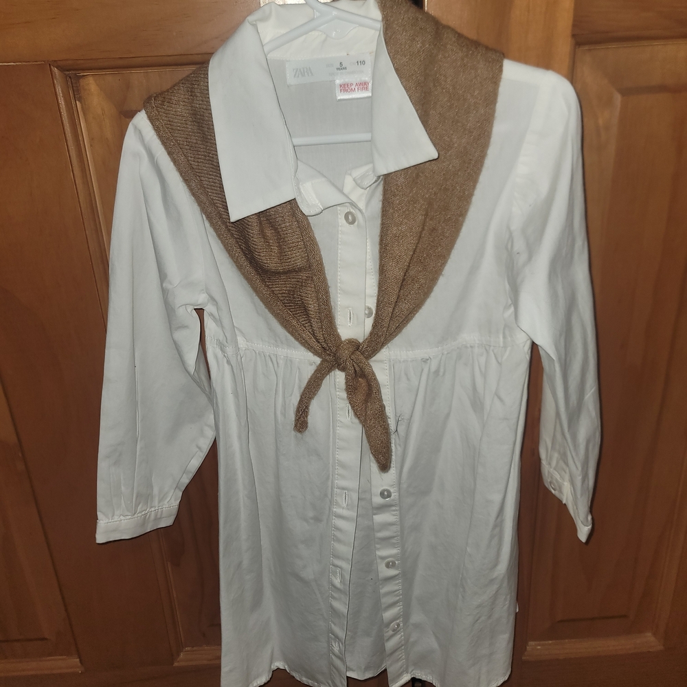 Zara Kids White Button-Down Shirt with Tan Sweater Accent